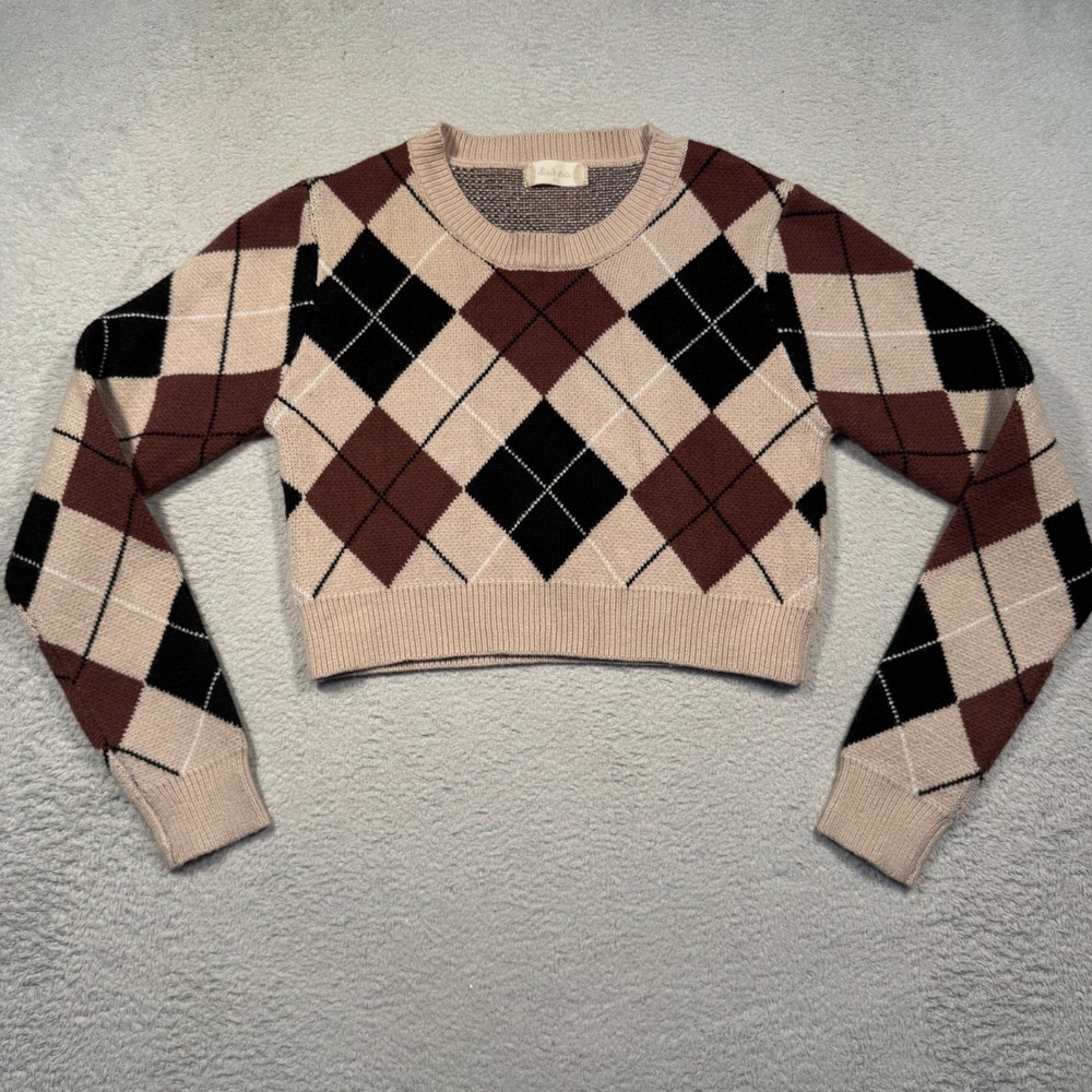 Altar'd State Brown Tan Black Argyle Cropped Sweater Long Sleeve Knit Women's M